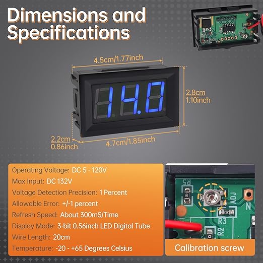 DiGiYes 5 Pack DC 5-120V Digital Mini Voltmeter 2 Wire 0.56 inch LED Display Panel Voltage Meter for Car Motorcycle Battery Monitor (Blue)