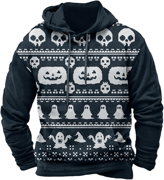 Halloween Hoodie Men Graphic Pumpkin Ghost Printed Sweatshirt Casual Trendy Long Sleeve Halloween Hooded Tops with Pockets
