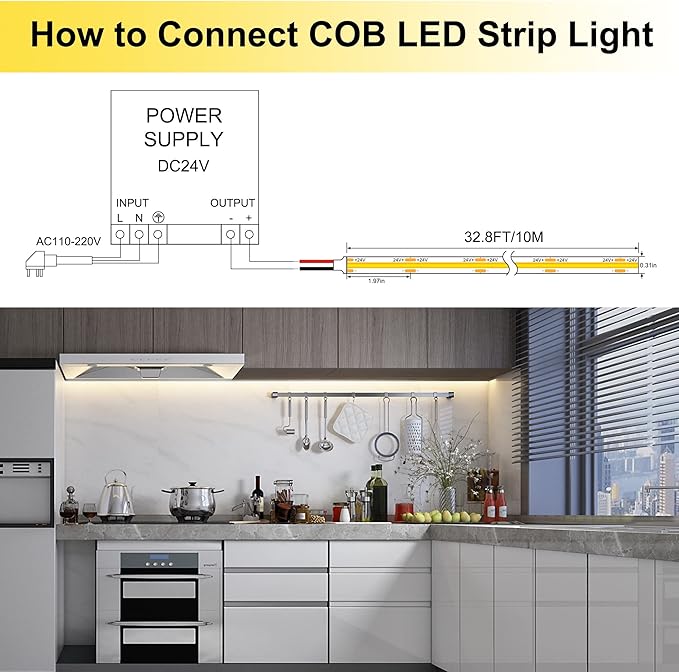 Pandery LED Strip Lights 32.8FT,Dimmable cob led Strip with Adapter and Remote,Superbright 24V led Tape,CRI90+,2700K Warm White led Strips,Indoor Perfect for Cabinet,Room,Kitchen,TV,Mirror