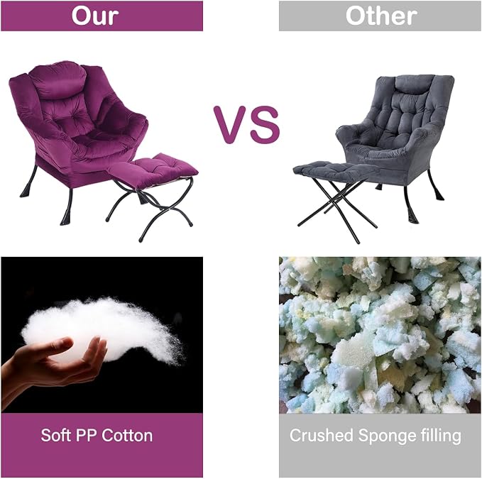 Lazy Chair with Ottoman, Comfy Accent Reading Chair, Velvet Purple | Foldable - Image 6