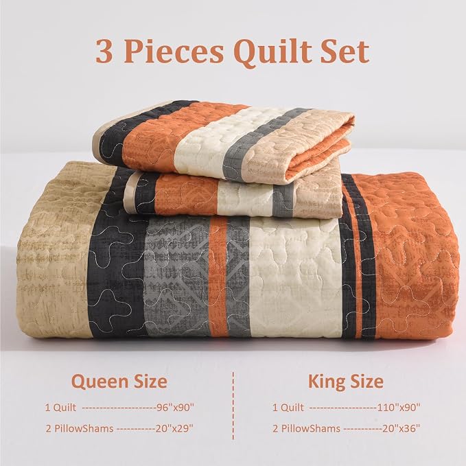Dobuyly Striped Quilt King Size, Boho Orange Lightweight Bedspread Bedding | - Image 7