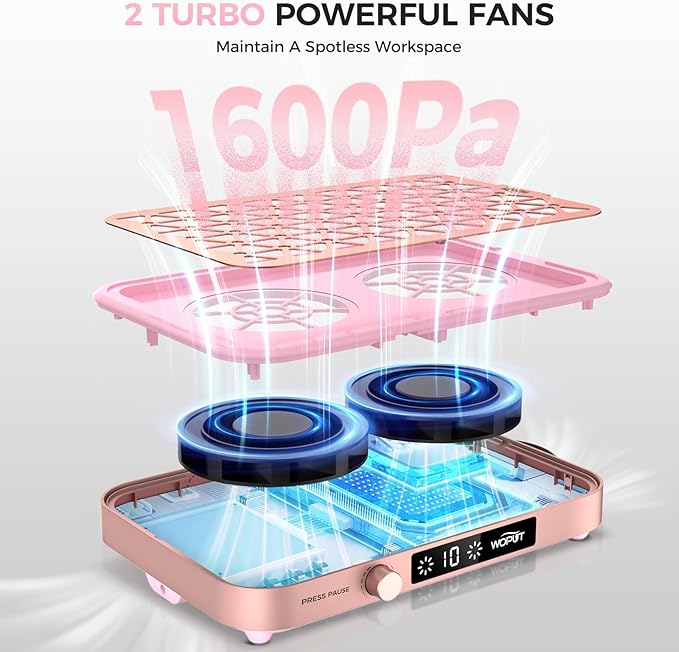 Woput Nail Dust Collector, 1600PA Professional Nail Vacuum Dust Collector Fan with Filter Papers (30 Pcs) for Acrylic Nail Polishing & Manicure at Nail Salon & Home - Pink