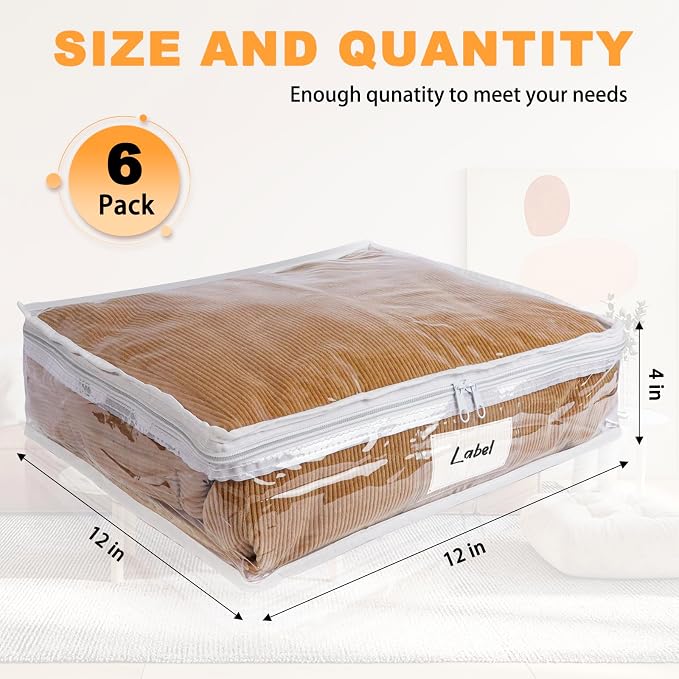 Clear Zippered Plastic Clothes Storage Bags, 6 Pack, Size: 12 x 12 x 4 Inch - Image 2