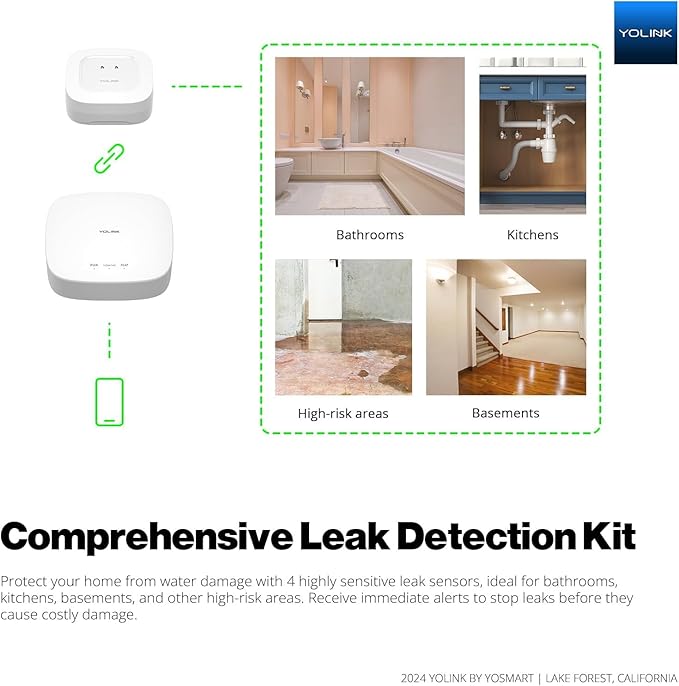 YoLink Water Leak Starter Kit: Hub + 2 Leak Sensor 1 (Silent), LoRa Long-Range, App/SMS/Email Alerts, D2D Offline Triggers, 2 AAA Up to 5-Year Battery, Compatible with Alexa/IFTTT/Home Assistant