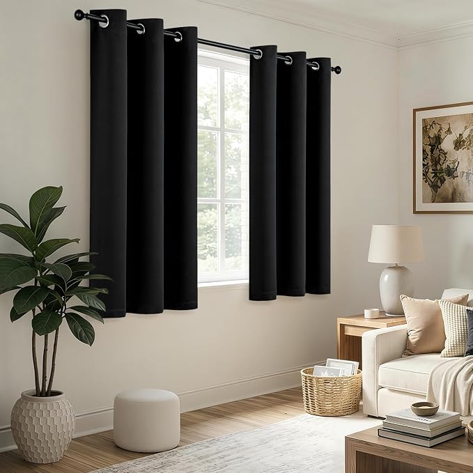 Short Black Blackout Kitchen Curtain W40 x L54 Inch 2 Panels | Thermal Insulated - Image 5