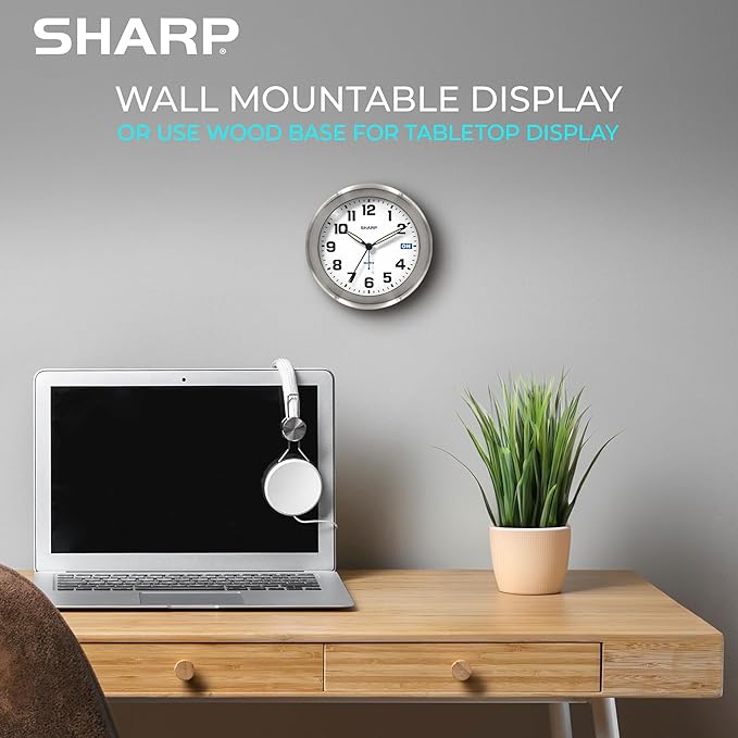 Sharp Silent Sweep Quartz Analog Desk Clock with Alarm Status Indicator on Dial, Brushed Metal Clock with Genuine Wood Stand, Great Gift for Home or Office