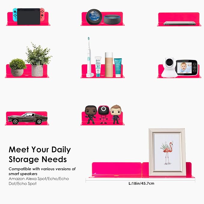 OAPRIRE Acrylic Floating Wall Shelves Fluorescent Pink, No Drill, 9 Inch 2P | - Image 7