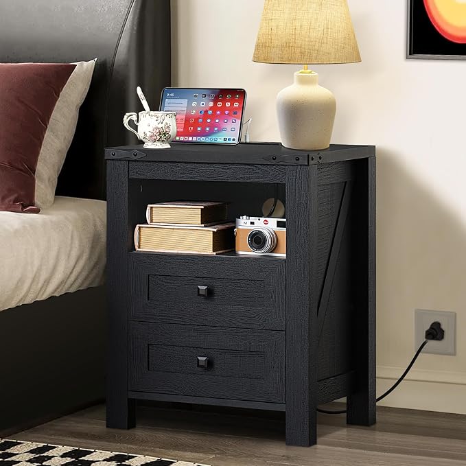 Joaxswe Nightstand with Charging Station and 2 Drawers, Farmhouse | Black Night - Image 8