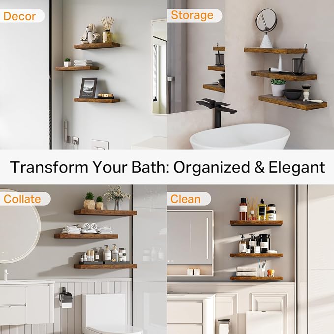 BAYKA Rustic Brown Bathroom Floating Shelves, Wall Mount Shelf | Easy Install - Image 7