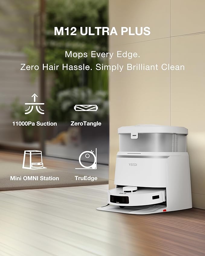Yeedi M12 Ultra Plus Robot Vacuum & Mop – White Upgraded Version | 11800Pa Stronger Suction, ZeroTangle Hair-Free Brush, Includes 4 Dust Bags, Auto Hot-Water Mop Wash & Dry