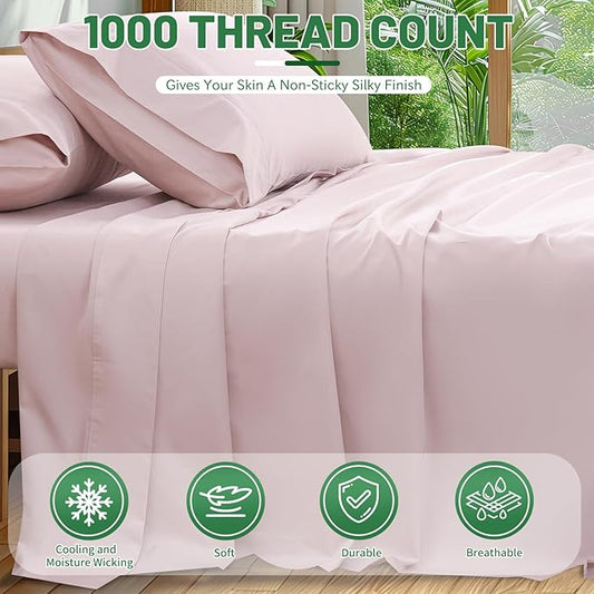100% Egyptian Cotton Sheets King Size 1000 Thread Count Sateen Weave Soft Breathable 16-Inch Deep Pocket 4PCS（King,Light Pink）