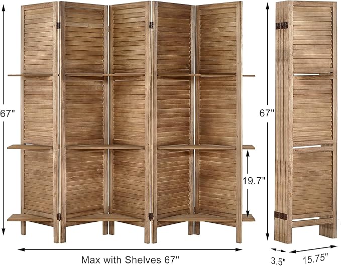 Room Divider with Shelves, 5 Panel Brown Privacy Screen | Partition Room - Image 2