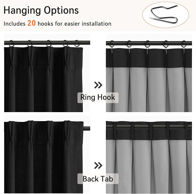 Pinch Pleated Full Blackout Faux Linen Curtains 108 Inches Long | Black - Image 3