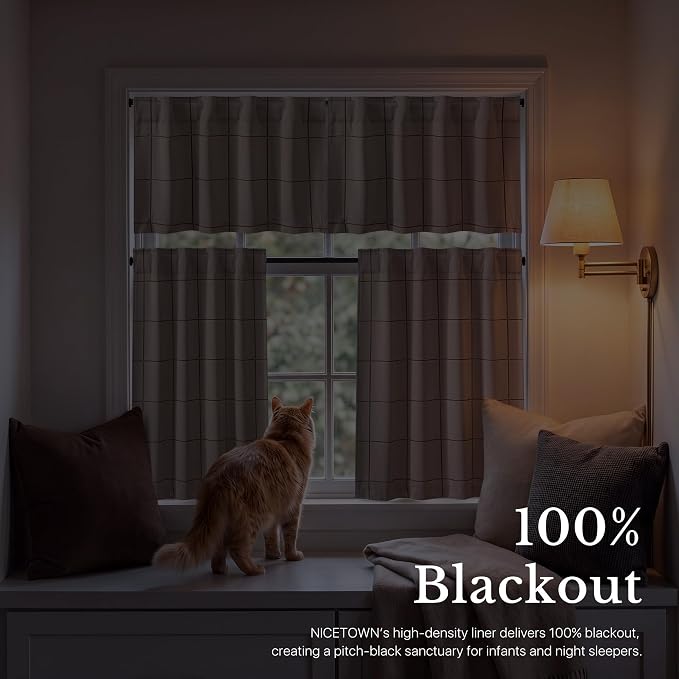 NICETOWN 100% Blackout Taupe Plaid Kitchen Curtains, 2 Panels | Rod Pocket & - Image 6