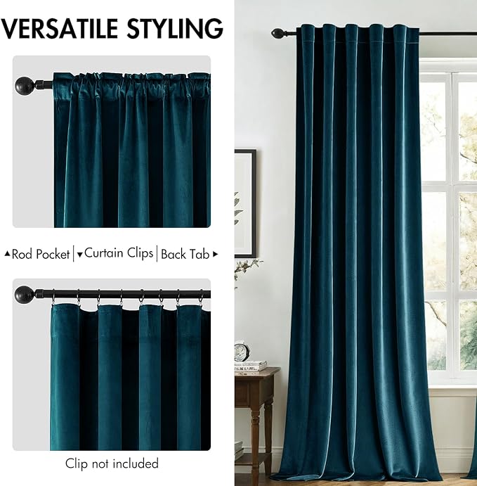 MIULEE Peacock Blue Velvet Curtains 52x84 inches 2 Panels Blackout Curtains | - Image 2