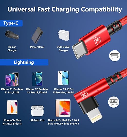USB C to Lightning Cable 6FT, 90 Degree iPhone Charger Cables [Apple MFi Certified] 3Pack Fast Charging Cord Nylon Braided USB C Lightning Cable Compatible with iPhone 14/13/12/11/Pro Max/Plus/8/7-Red