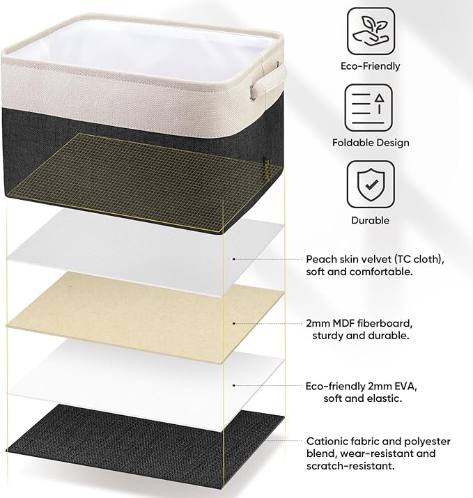 BALEINE 1 Pack Fabric Storage Bins for Shelves, Linen Storage Baskets for Organizing, Decorative Closet Bins for Clothes, Home (Black, 12"x8"x8")