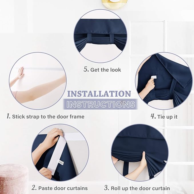 RYB HOME Navy Blue Blackout Door Curtain, Renter Friendly Curtain | No Rod - Image 2
