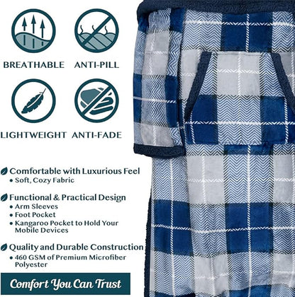 PAVILIA Sherpa Blanket with Sleeves, Foot Pocket for Women Men Adults, Thick Wearable Blanket Throw Wrap, Fleece Warm Snuggle Blanket Robe, Cozy Gift Ideas Wife Mom, Plaid Blue