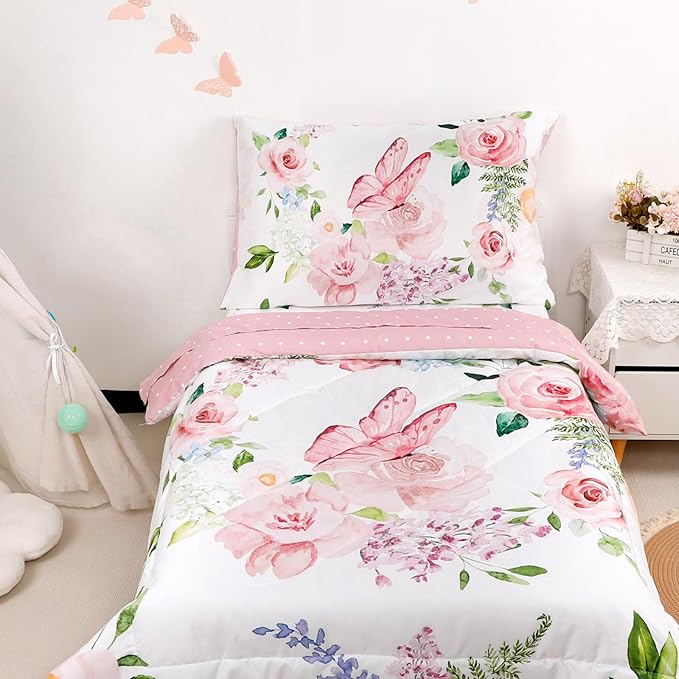 4 Piece Toddler Bedding Set for Girls, Butterfly Toddler Comforter Set, Ultra Soft Toddler Bed Set Includes Comforter, Flat Sheet, Fitted Sheet, Pillowcase (Pink Floral & Butterfly Pattern)