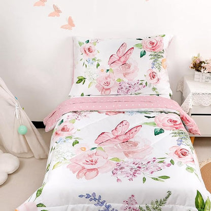 4 Piece Toddler Bedding Set for Girls, Butterfly Toddler Comforter Set, Ultra Soft Toddler Bed Set Includes Comforter, Flat Sheet, Fitted Sheet, Pillowcase (Pink Floral & Butterfly Pattern)