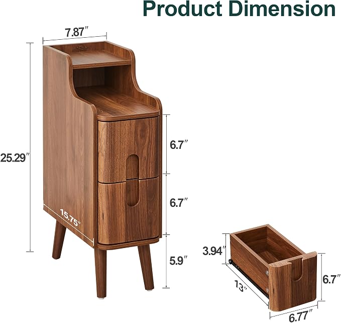 FurSch Narrow Nightstand, Wooden 2 Drawer, Skinny Bedside Table, Mid Century - Image 2