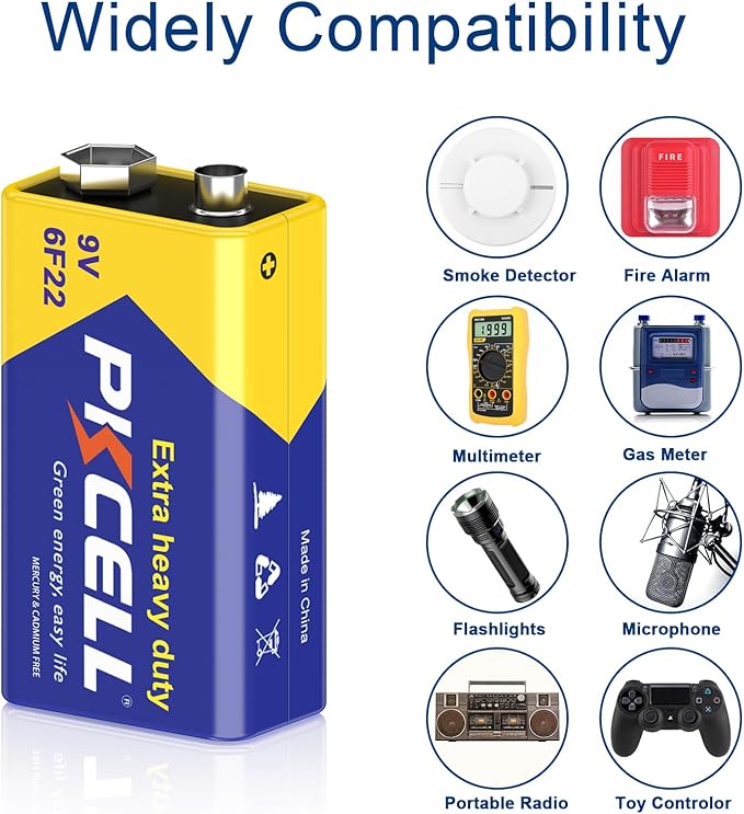 PKCELL 9V Batteries, 16 Pack 9 Volt Batteries Carbon Zinc, 9V Battery for Smoke Detector, Alarms, 6F22 Square Battery