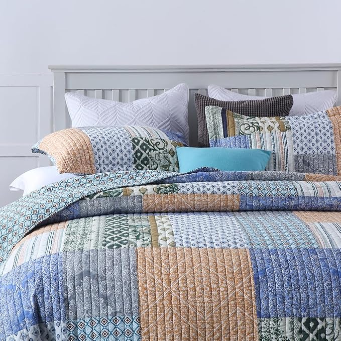 Autumn Dream Cotton Bedspread Bohemian Blue Bedding Quilt, King Size | Cotton - Image 9
