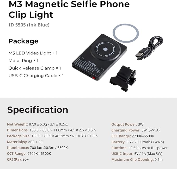 SmallRig M3 Magnetic Selfie Phone Light with Clip, 120 LEDs 2000mAh Rechargeable, 2700K-6500K, Portable Content Creators Light for Video Recording, for iPhone/Laptop/Camera/Webcam (Ink Blue) - 5505