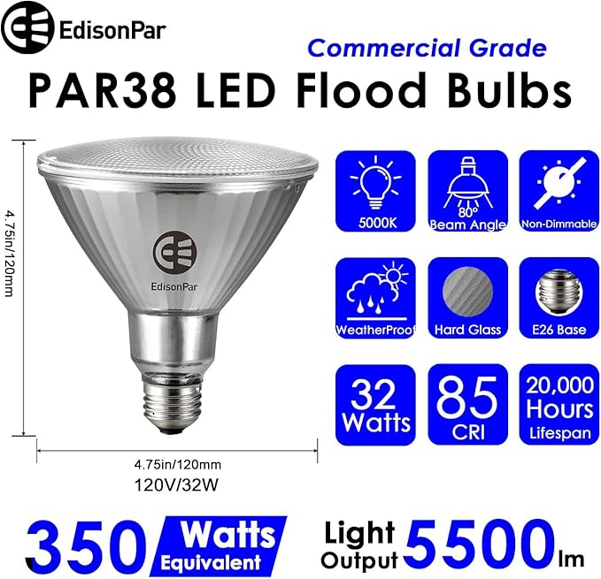 EdisonPar Full-Glass PAR38 LED Flood Light Bulbs Outdoor/Indoor Equivalent 350 Watt, 5500 Lumens Ultra Bright, Non-Dimmable Waterproof 5000K Daylight, 4-Pack