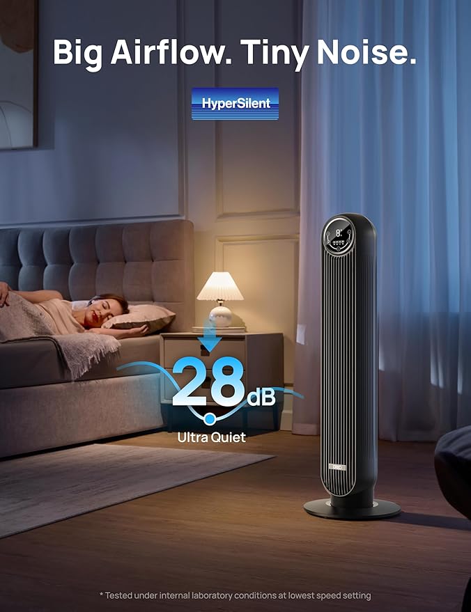 Dreo Tower Fan for Bedroom, 25ft/s Velocity Quiet Floor Fan, 90° Oscillating Fans for Indoors with 4 Speeds, 4 Modes, 8H Timer, Standing Fans, Bladeless Fan, Black, Nomad One (DR-HTF007)
