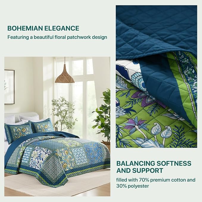 Twin Quilt Set - Washed Quilted Patchwork Comforter Coverlet, Lightweight - Image 3