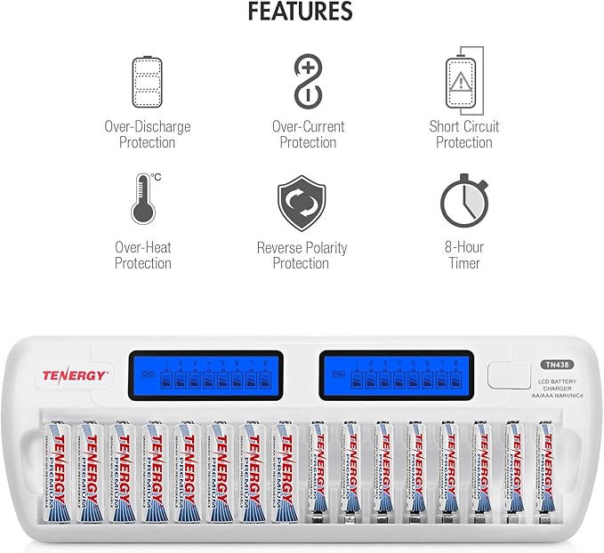 Tenergy TN438 16-Slot Smart Battery Charger for AA/AAA NiMH/NiCd LCD Display + 16 Premium Rechargeable AA Batteries