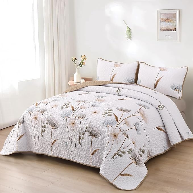 Dinjoy Floral Quilt Set California King, Khaki Bedspreads Fall Bedding Set | 3 - Image 3