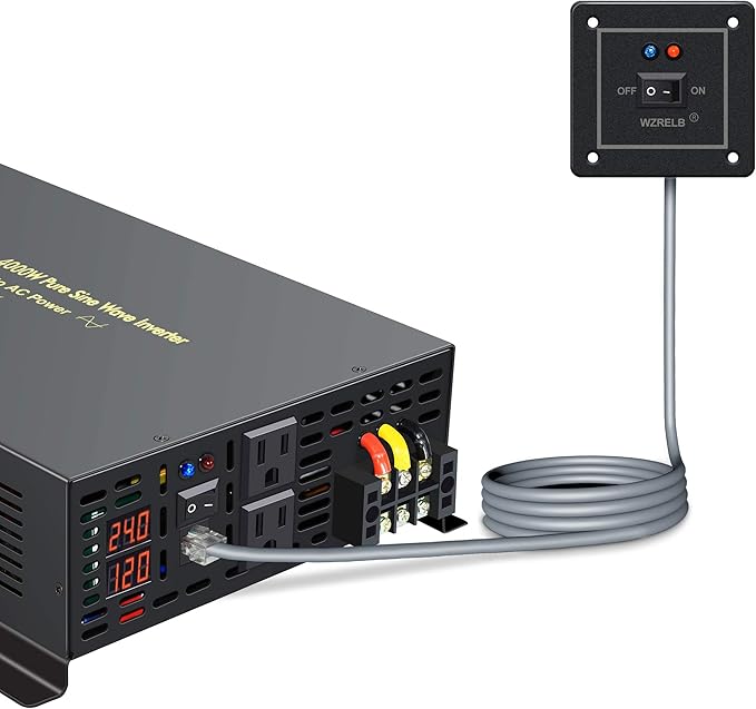 WZRELB 4000W 24VDC 120VAC Pure Sine Wave Power Inverter, 2 AC Outlets, Wired Remote Control, RV