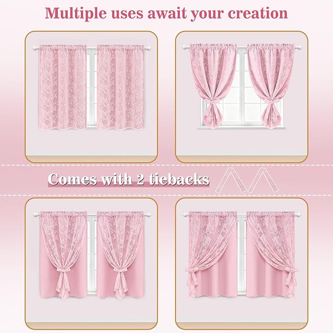 Yinhua Pink Kitchen Curtains 36 Inch Length Double Layer Blackout Curtains - Image 5