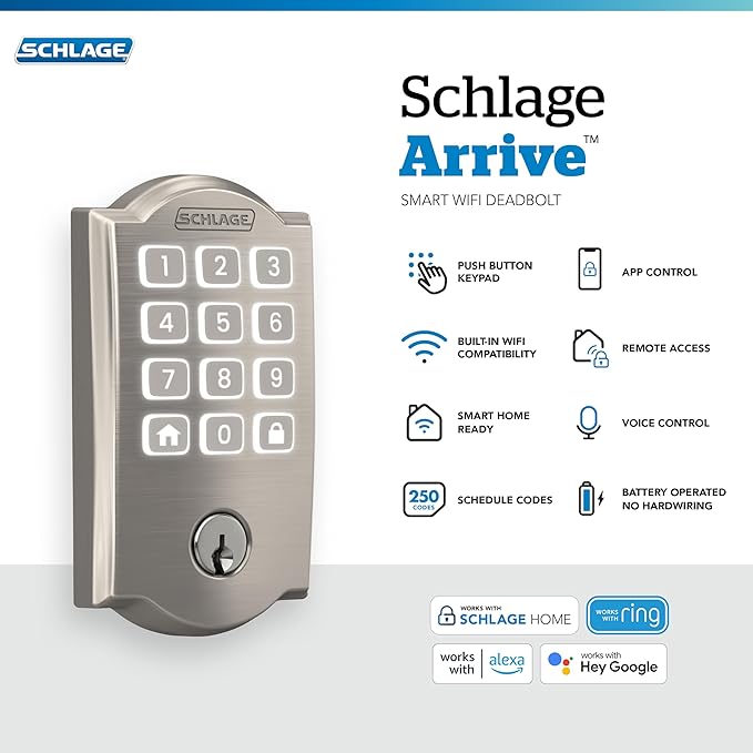 Schlage Arrive WiFi Deadbolt Smart Lock, Keyless Entry Door Lock with Camelot Trim, Satin Nickel, Compatible with Alexa and Google, BE459WB CAM 619