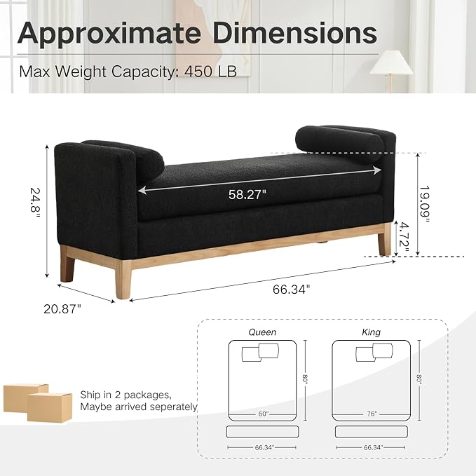 66.34" End of Bed Bench Boucle Fabric Long King Size Bench, Window Bench. - Image 2