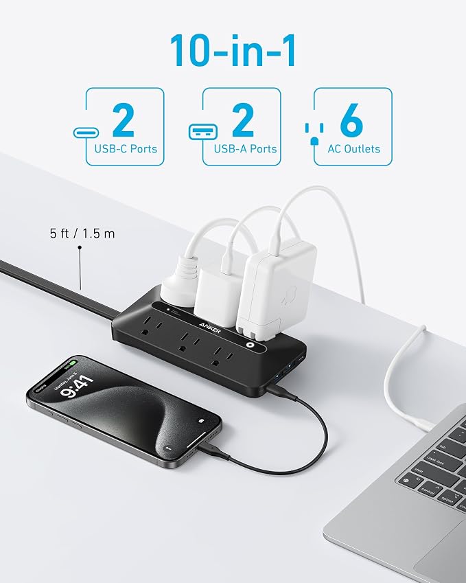 Anker Power Strip with 300J Surge Protector, 5ft Outlet Extender, 6AC | Flat - Image 3