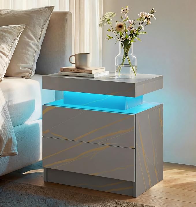 LED Nightstand with Wood 2 Drawers Modern Bedside Table by Unknown