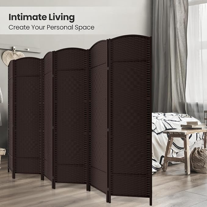 6 Panel Folding Room Divider, Woven Privacy Screen, Chocolate | Solid wood frame - Image 4