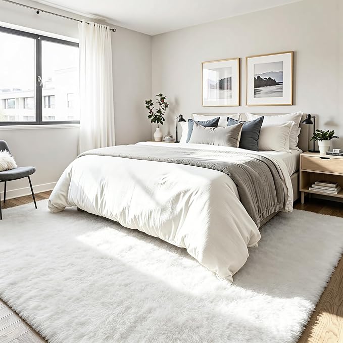 5x8 Fluffy Area Rug for Living Room: Soft Non-Slip White Bedroom Carpet | Ultra - Image 3