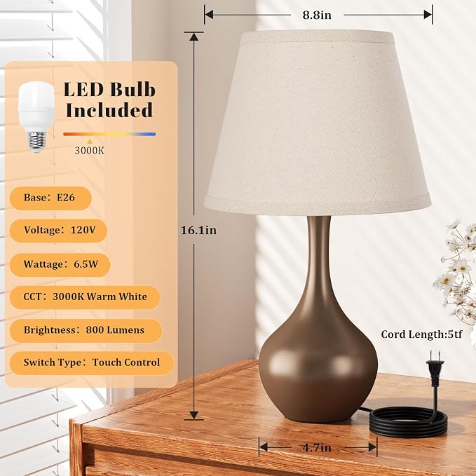 16.1" Touch Table Lamp for Nightstand, 3 Way Dimmable Small Bedroom Lamp | - Image 5