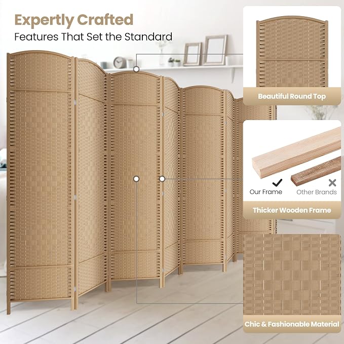8 Panel Folding Room Divider, Woven Privacy Screen, Light Beige | Solid wood - Image 2