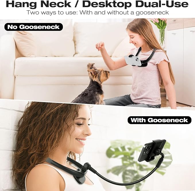 Cell Phone Stand, Neck Cell Phone Holder, Hand Free Flexible Gooseneck Phone Holder for Bed, Neck Phone Holder POV/Vlog Selfie Mount, Universal Multi-Functional Phone Stand for 4.7''-6.7'' Phone