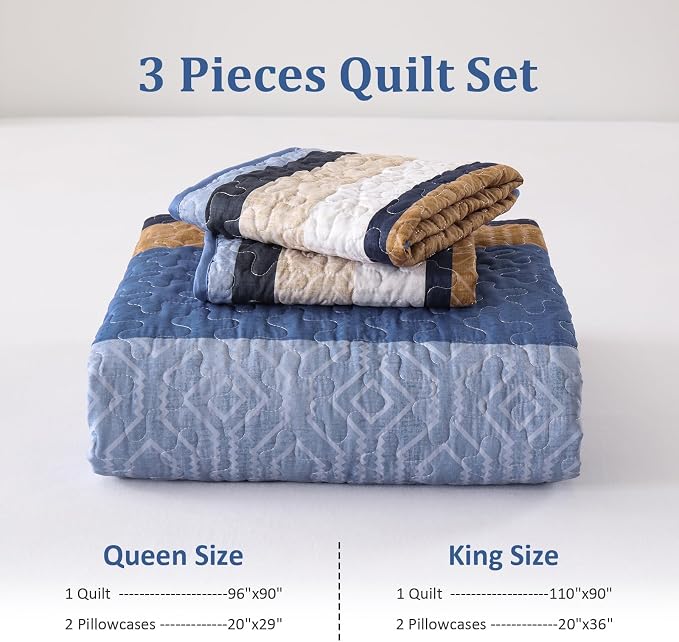 Dobuyly Full Size Dteiped Quilt Set, Breathable All-Season, 3-Piece Set Fits - Image 7