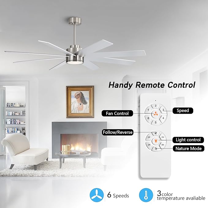 WINGBO 72" Large DC Ceiling Fans with Lights and Remote, 3 Downrods, 8 Plywood Blades, 6-Speeds Reversible DC Motor, 3CCT, Indoor Ceiling Fan for Bedroom Living Room Patio, Brushed Nickel and Silver