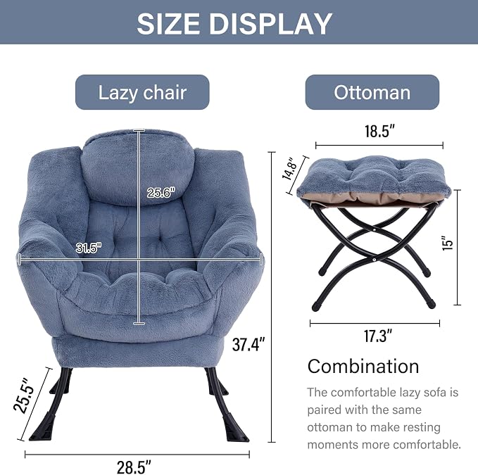 Lazy Chair with Ottoman, Comfy Accent Reading Chair, Plush Blue | Foldable - Image 3
