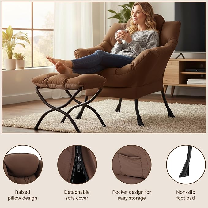 Welnow Lazy Chair with Ottoman, Reading Chair with Footrest, Dark Brown | A - Image 4