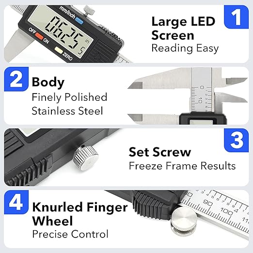 Digital Caliper Precise Measuring Tool, Vizbrite 6 inch Stainless Steel Electronic Vernier Calipers with Auto-Off Large LCD Screen, Accurate to ±0.001in/0.01mm, Easy Use Caliper